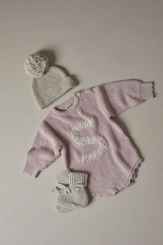 Hand Embroidered Initial Design Novie Knit Romper - Dusk