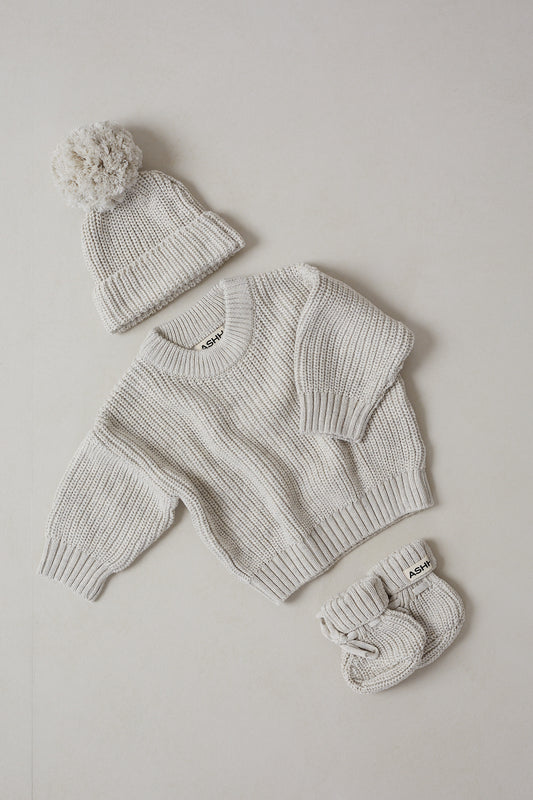 Hand Embroidered Initial Design Heritage Knit Sweater - Oat Marle