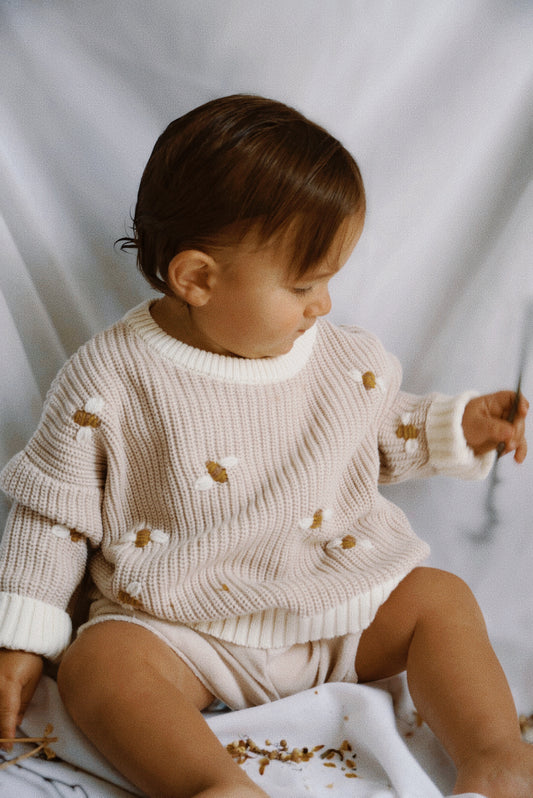 Hand Embroidered Busy Bee Chunky Knit Sweater - Stone