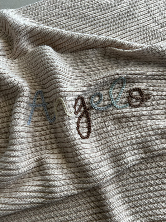 Hand Embroidered Novella Ribbed Knit Blanket - Beige