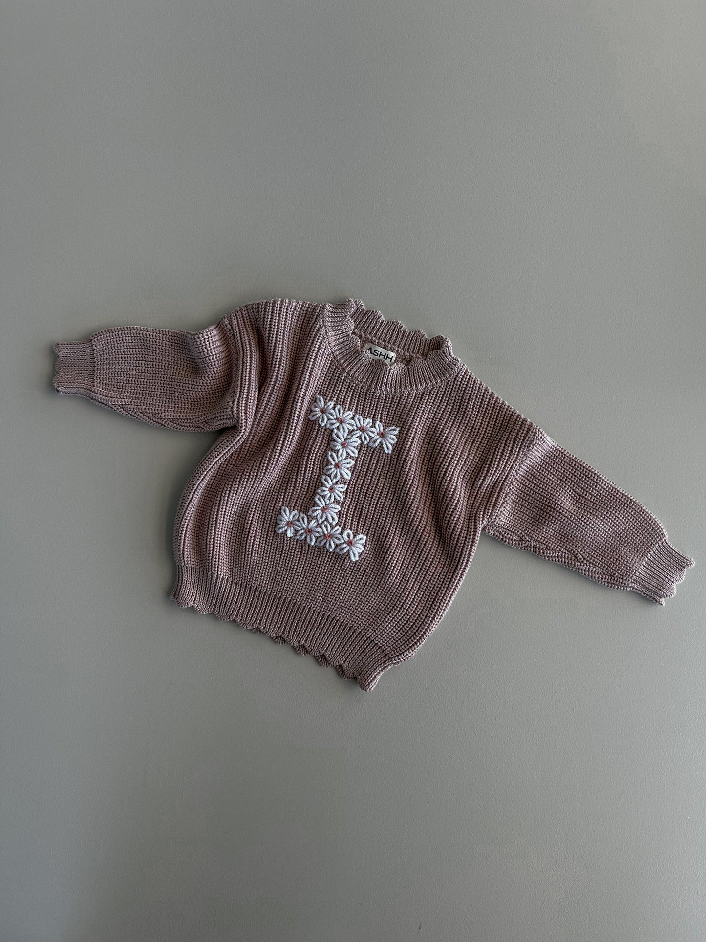 Hand Embroidered Initial Design Sunday Knit Sweater - Vintage Dusk