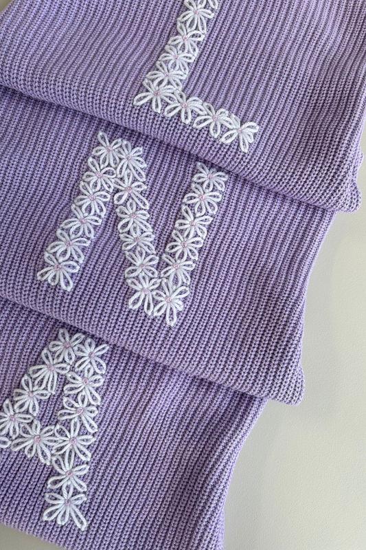Hand Embroidered Initial Design Chunky Knit Sweater - Wisteria