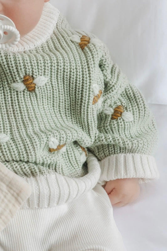 Hand Embroidered Busy Bee Chunky Knit Sweater - Pistachio