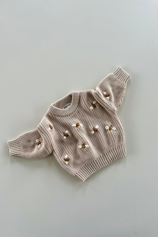 Hand Embroidered Busy Bee Heritage Knit Sweater - Oak