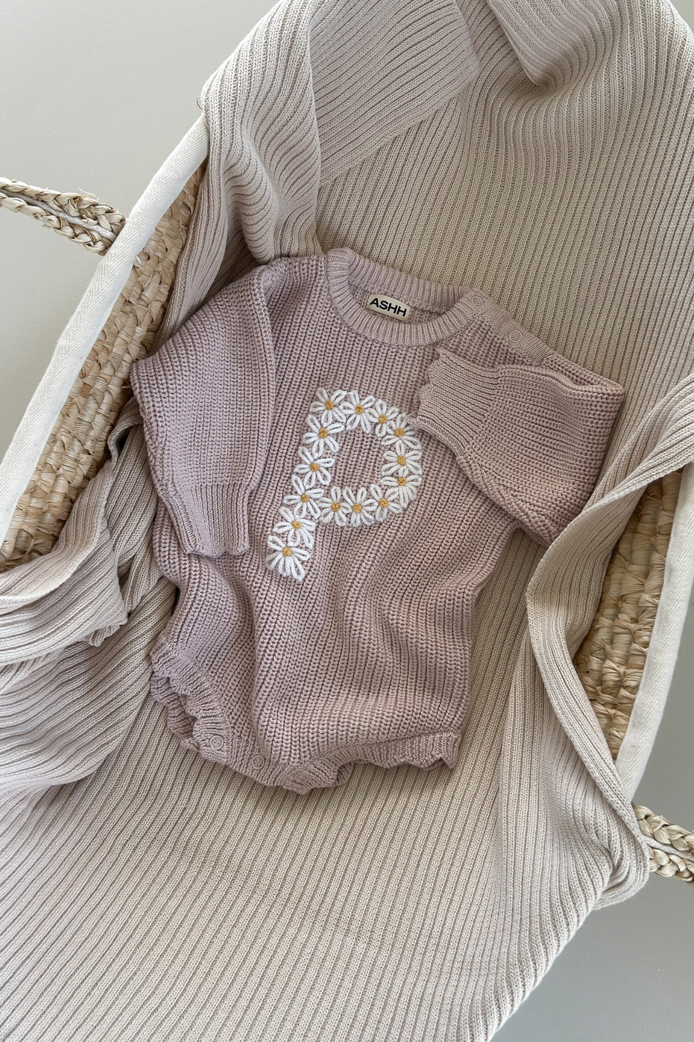Hand Embroidered Initial Design Novie Knit Romper - Dusk