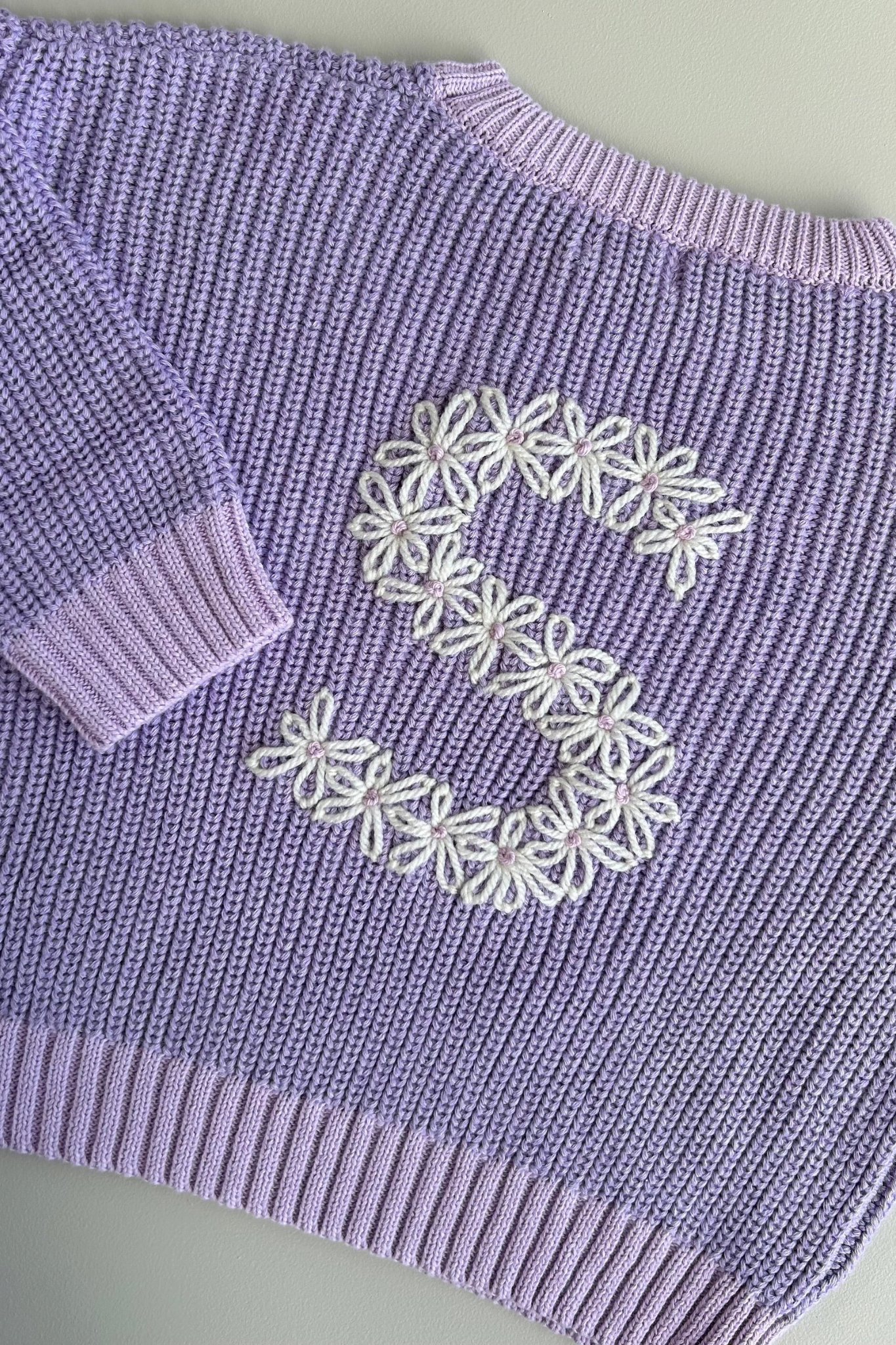 Hand Embroidered Initial Design Chunky Knit Sweater - Wisteria