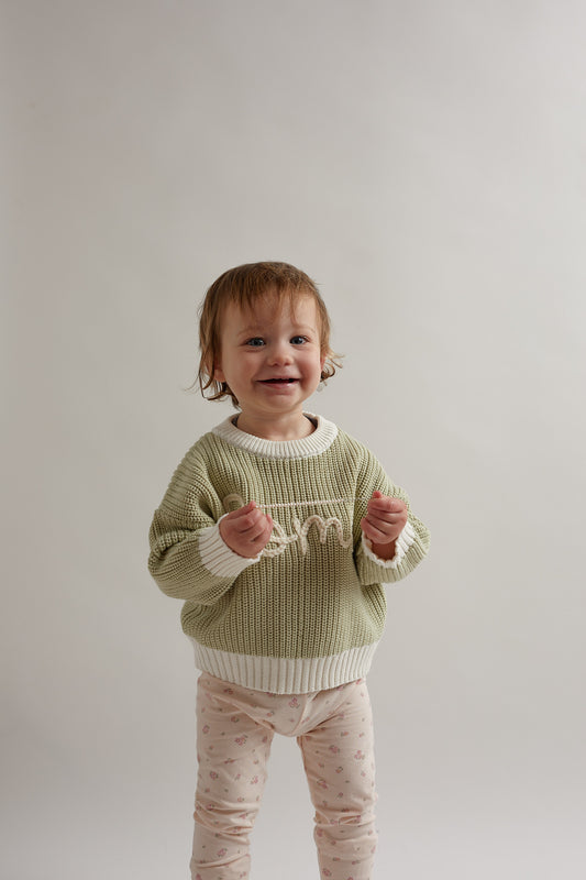 Hand Embroidered Chunky Knit Sweater - Pistachio