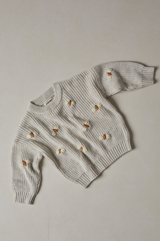 Hand Embroidered Busy Bee Heritage Knit Sweater - Oat Marle