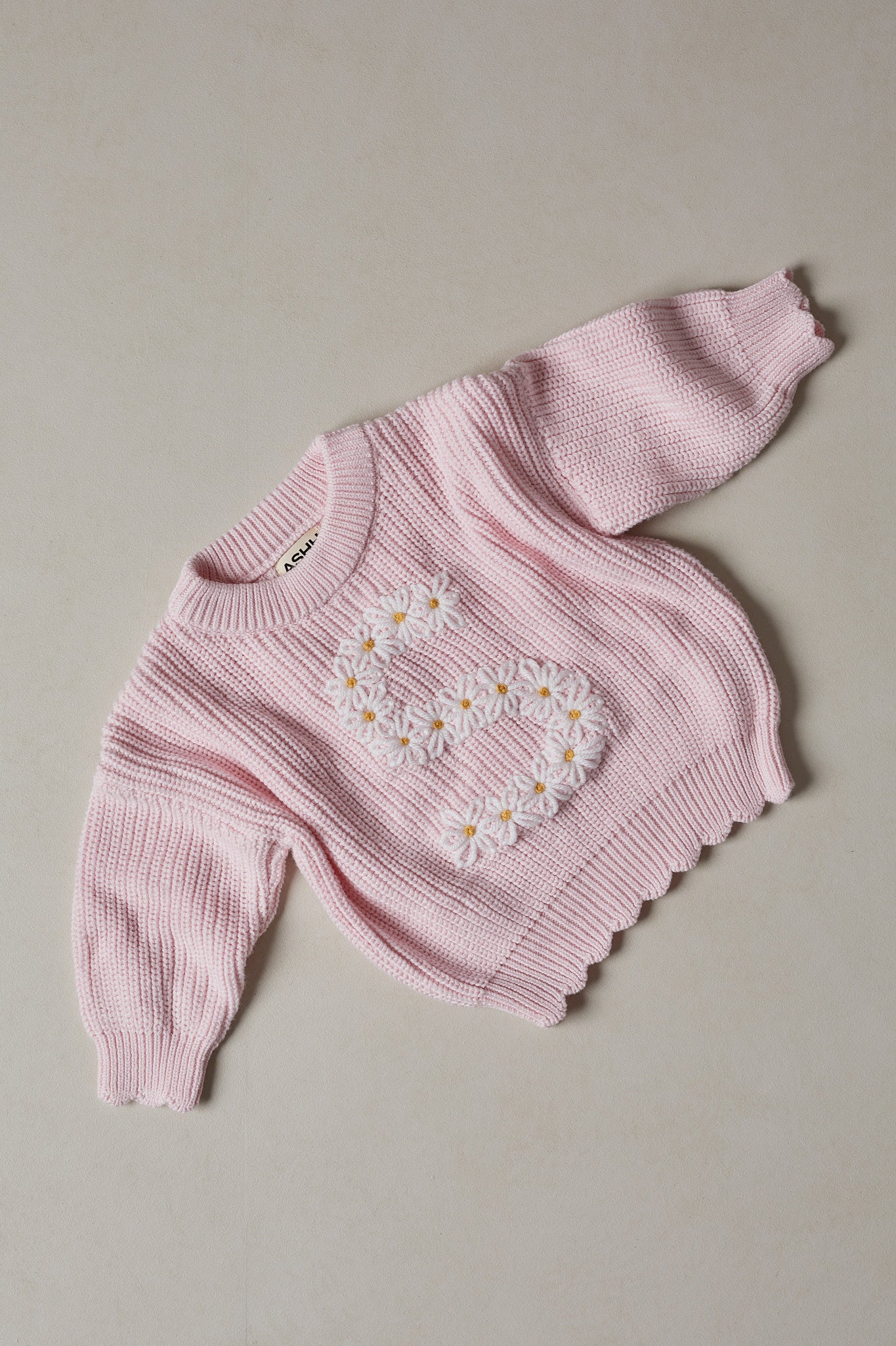 Hand Embroidered Initial Design Heritage Knit Sweater - Peony