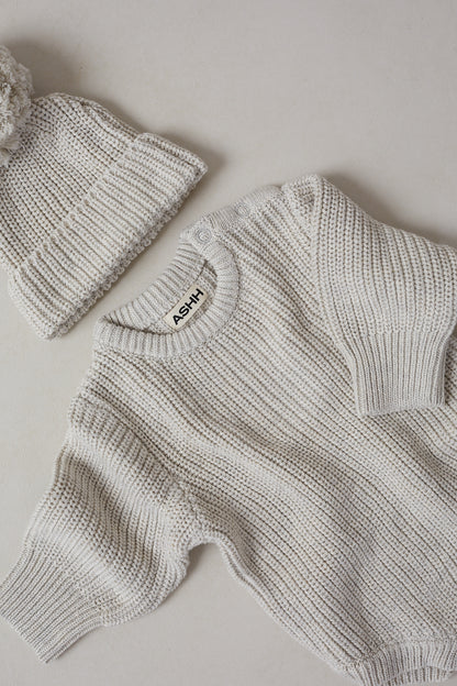 Hand Embroidered Initial Design Novie Knit Romper - Oat Marle