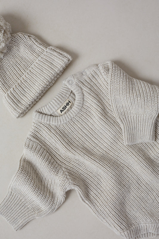 Hand Embroidered Initial Design Novie Knit Romper - Oat Marle