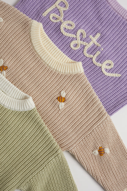 Hand Embroidered Busy Bee Chunky Knit Sweater - Stone