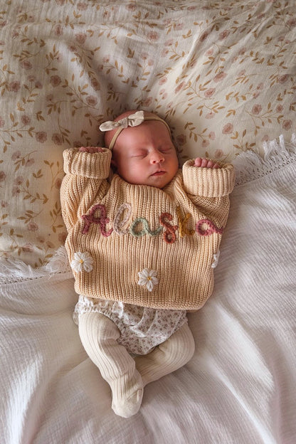 Hand Embroidered Oversized Knit Sweater - Caramel