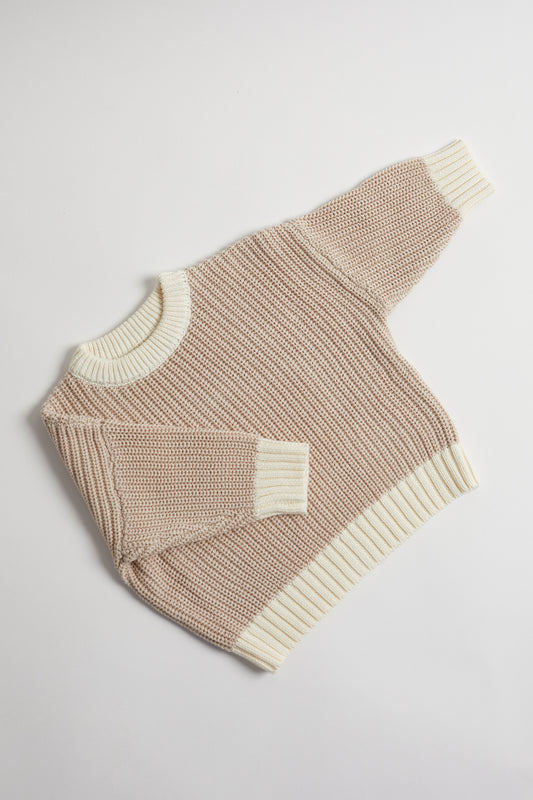 Hand Embroidered Initial Design Chunky Knit Sweater - Stone