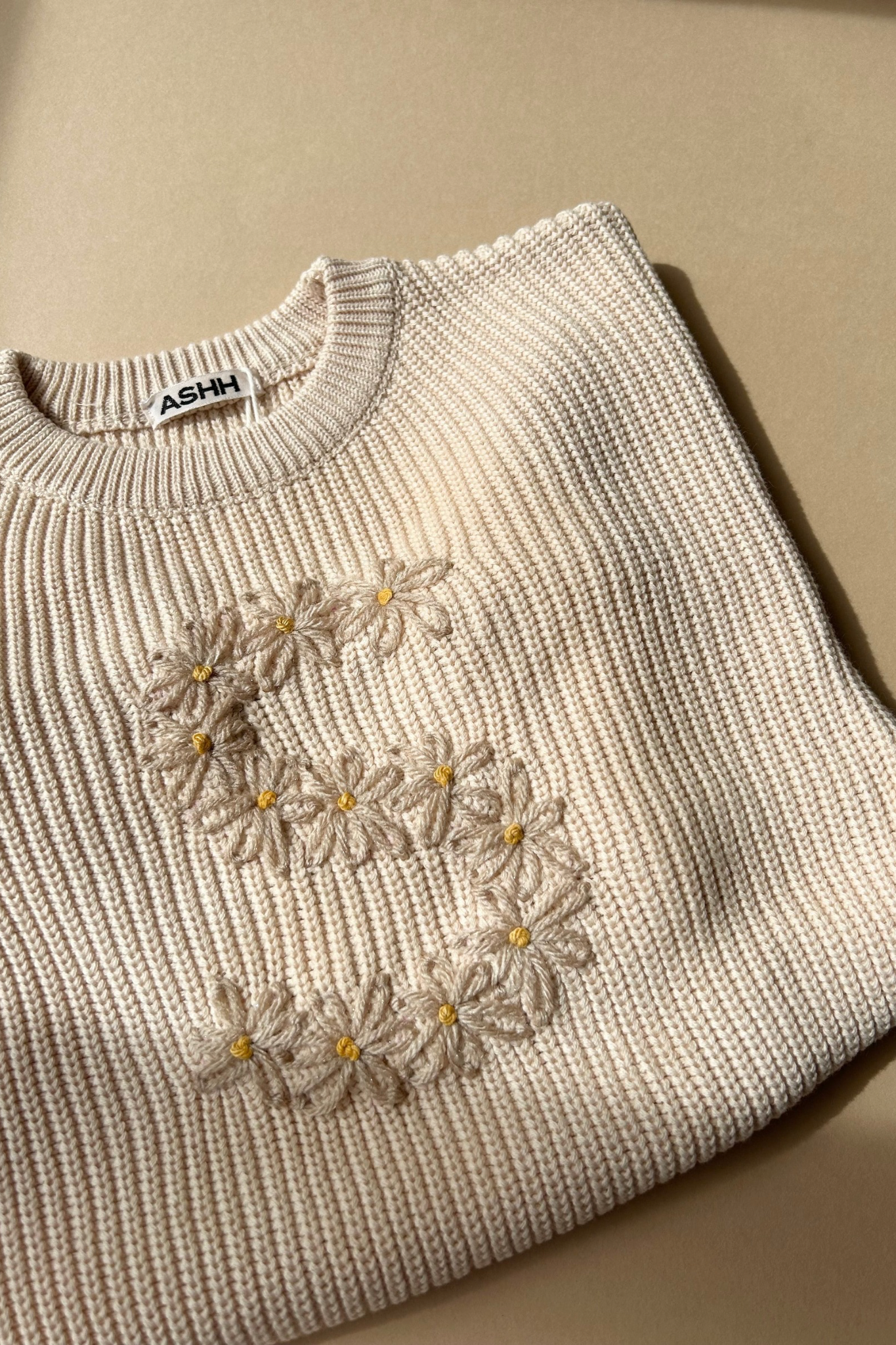 Hand Embroidered Initial Design Oversized Knit Sweater - Sand