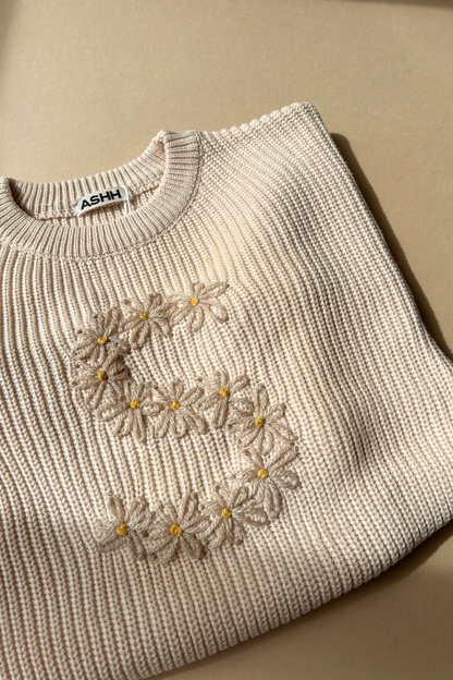 Hand Embroidered Initial Design Oversized Knit Sweater - Sand