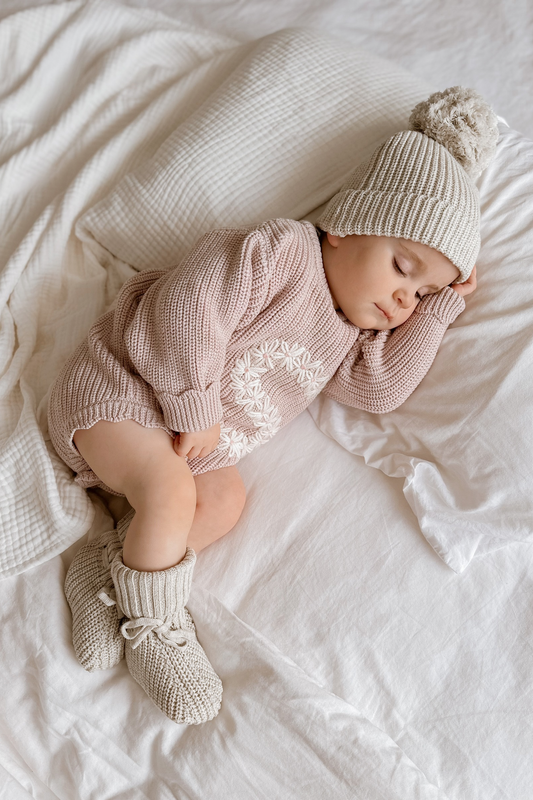Hand Embroidered Initial Design Novie Knit Romper - Dusk