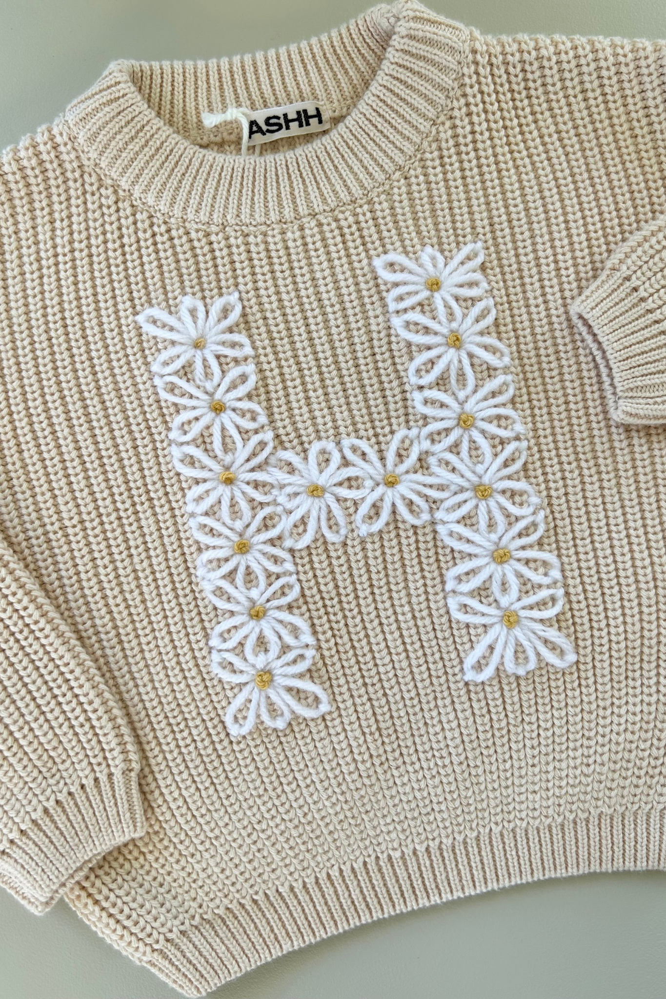 Hand Embroidered Initial Design Oversized Knit Sweater - Sand