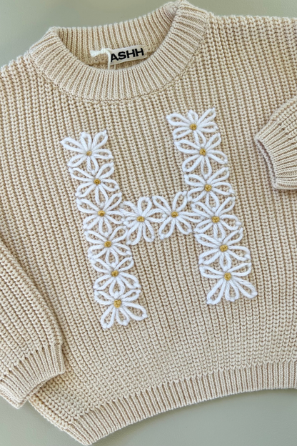 Hand Embroidered Initial Design Oversized Knit Sweater - Sand