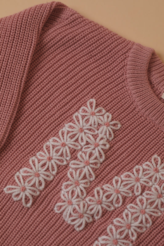 Hand Embroidered Initial Design Oversized Knit Sweater - Sweet Pink