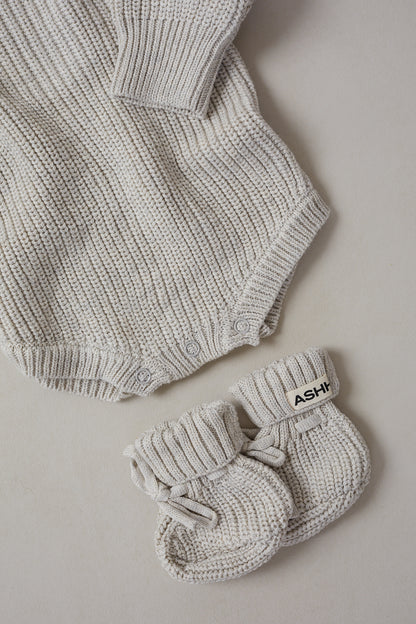 Hand Embroidered Initial Design Novie Knit Romper - Oat Marle