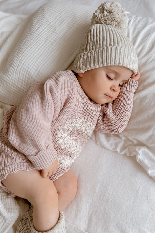 Hand Embroidered Initial Design Novie Knit Romper - Dusk