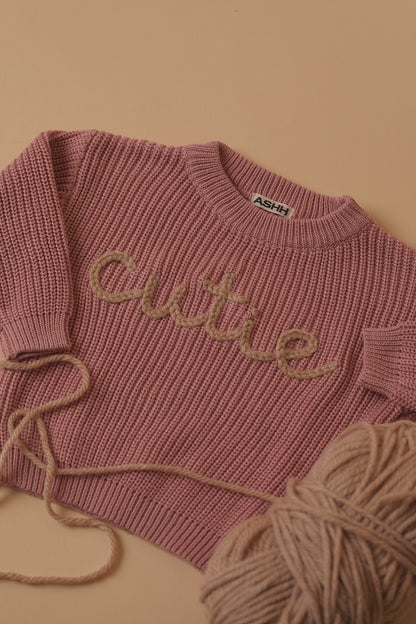 Hand Embroidered Oversized Knit Sweater - Sweet Pink