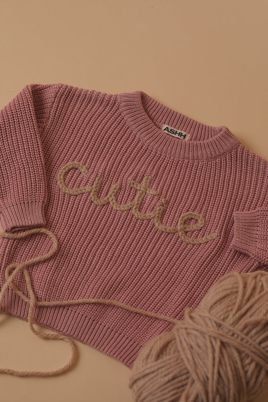 Hand Embroidered Oversized Knit Sweater - Sweet Pink