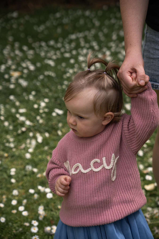 Hand Embroidered Oversized Knit Sweater - Sweet Pink