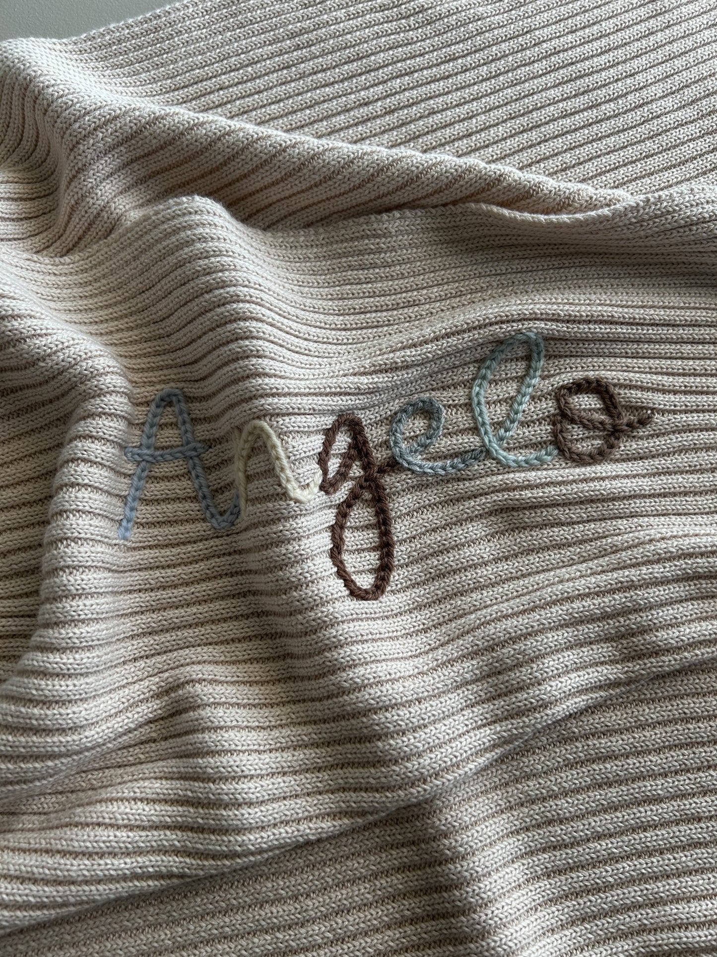 Hand Embroidered Novella Ribbed Knit Blanket - Beige