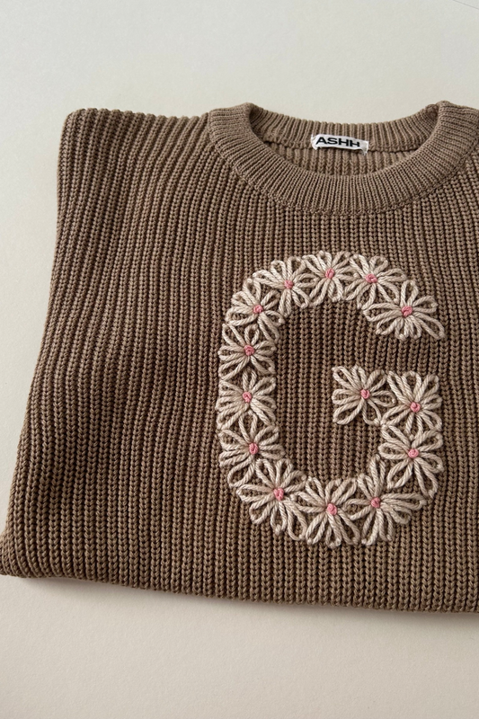 Hand Embroidered Initial Design Oversized Knit Sweater - Mocha