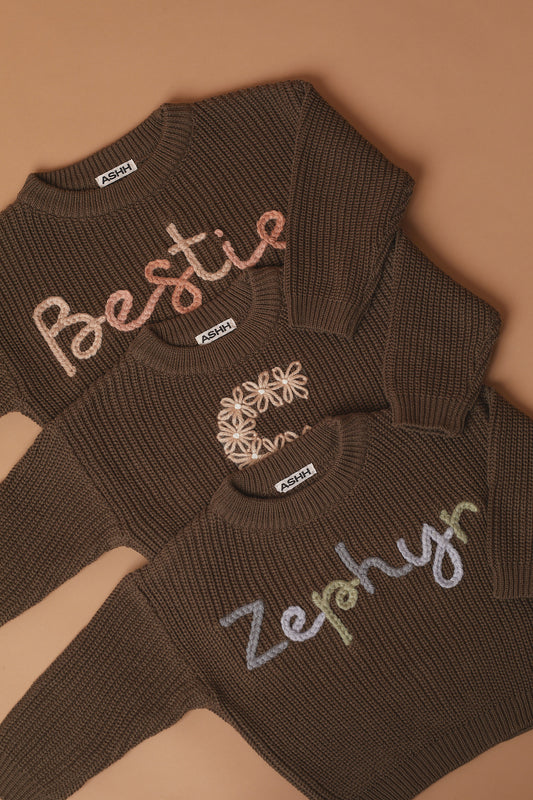Hand Embroidered Oversized Knit Sweater - Chocolate