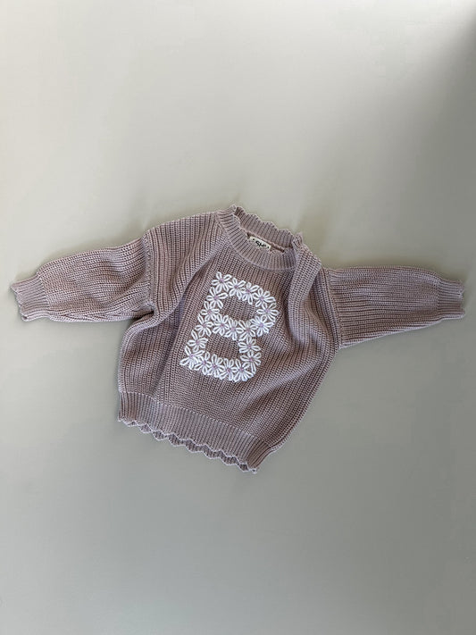 Hand Embroidered Initial Design Sunday Knit Sweater - Plum