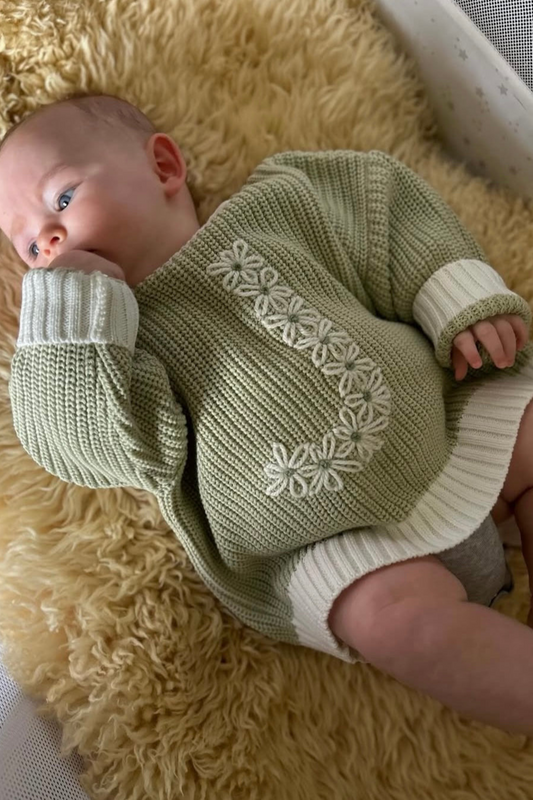 Hand Embroidered Initial Design Chunky Knit Sweater - Pistachio