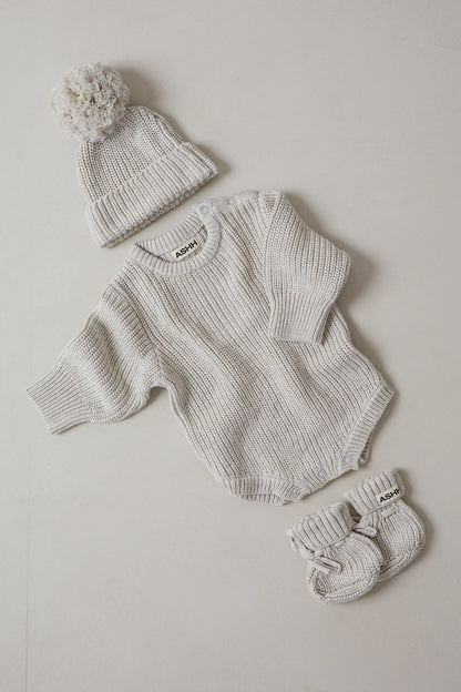 Hand Embroidered Initial Design Novie Knit Romper - Oat Marle
