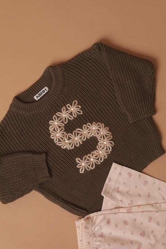 Hand Embroidered Initial Design Oversized Knit Sweater - Chocolate