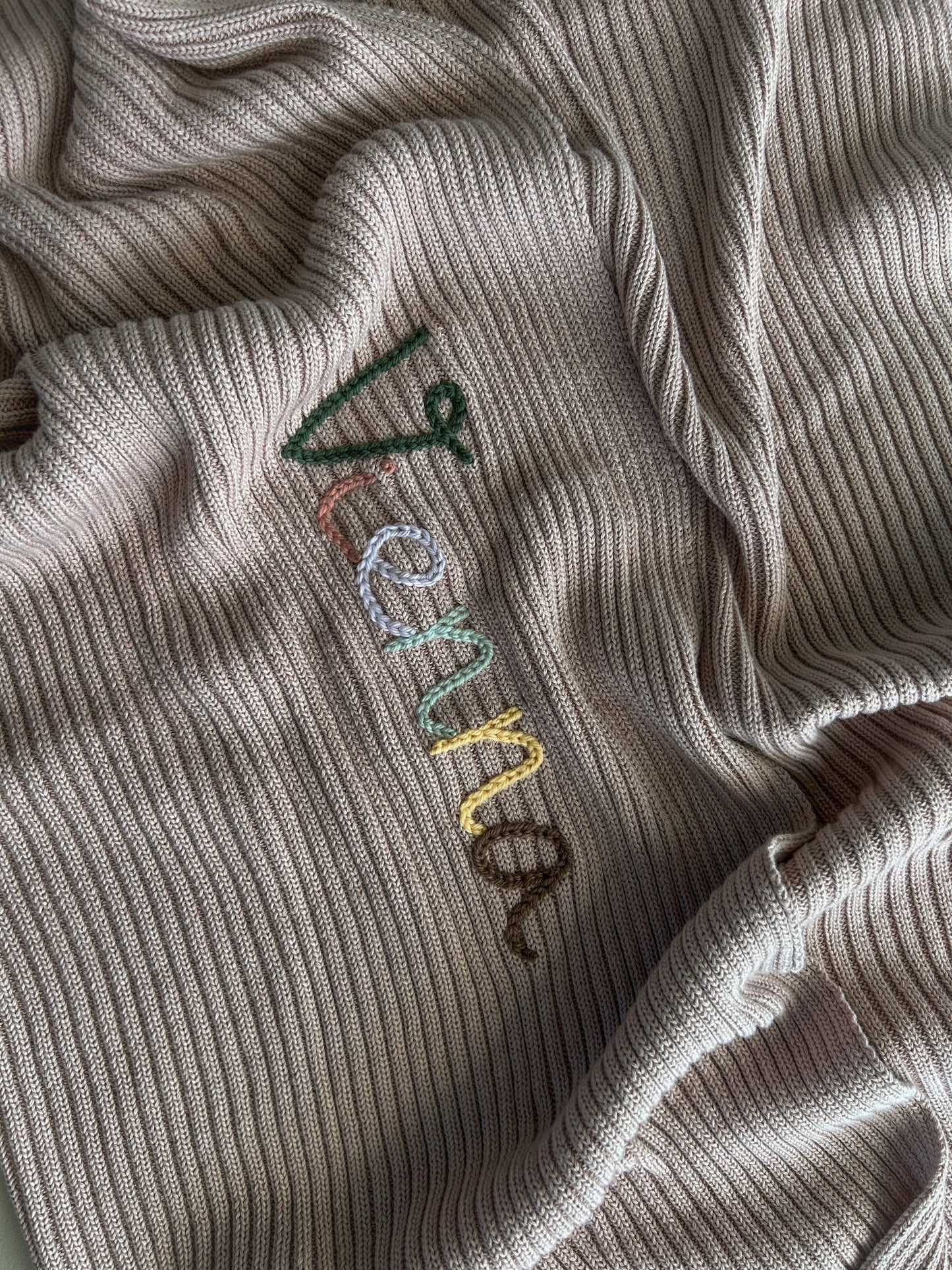 Hand Embroidered Novella Ribbed Knit Blanket - Vintage Dusk