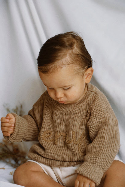 Hand Embroidered Oversized Knit Sweater - Mocha