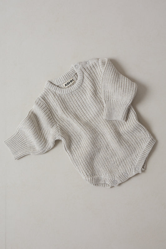 Hand Embroidered Initial Design Novie Knit Romper - Oat Marle