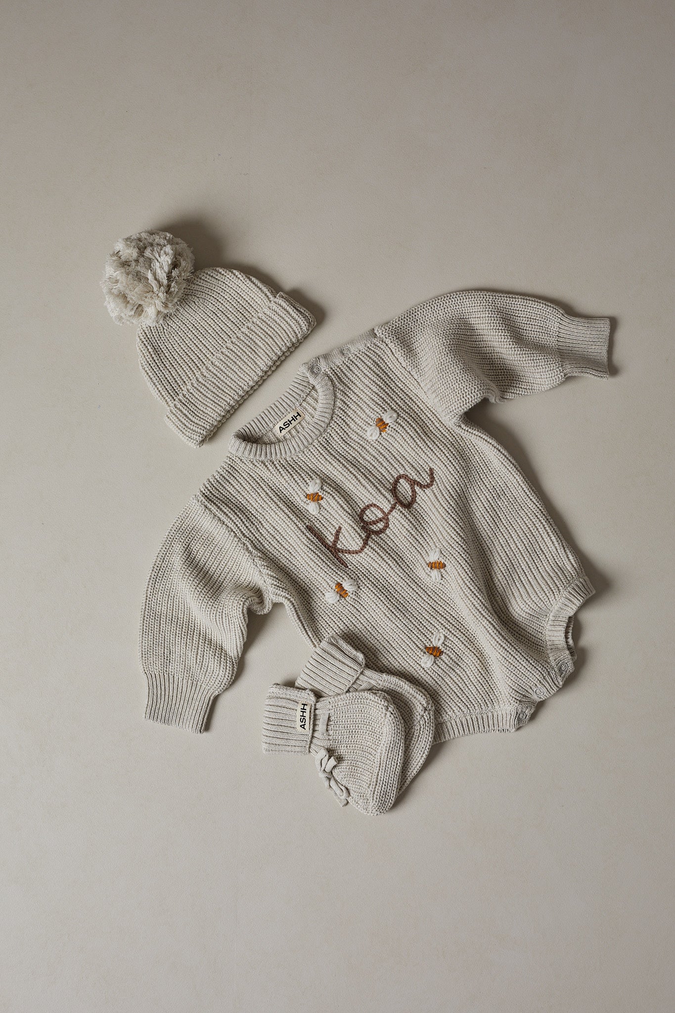 Hand Embroidered Novie Knit Romper - Oat Marle
