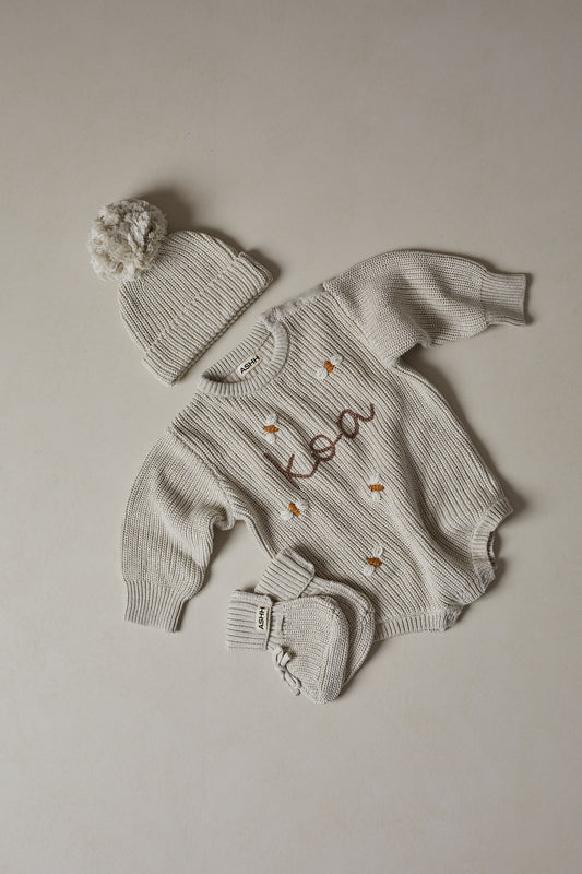 Hand Embroidered Novie Knit Romper - Oat Marle