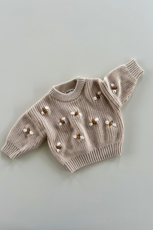 Hand Embroidered Busy Bee Heritage Knit Sweater - Oak