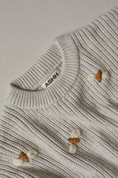 Hand Embroidered Busy Bee Heritage Knit Sweater - Oat Marle