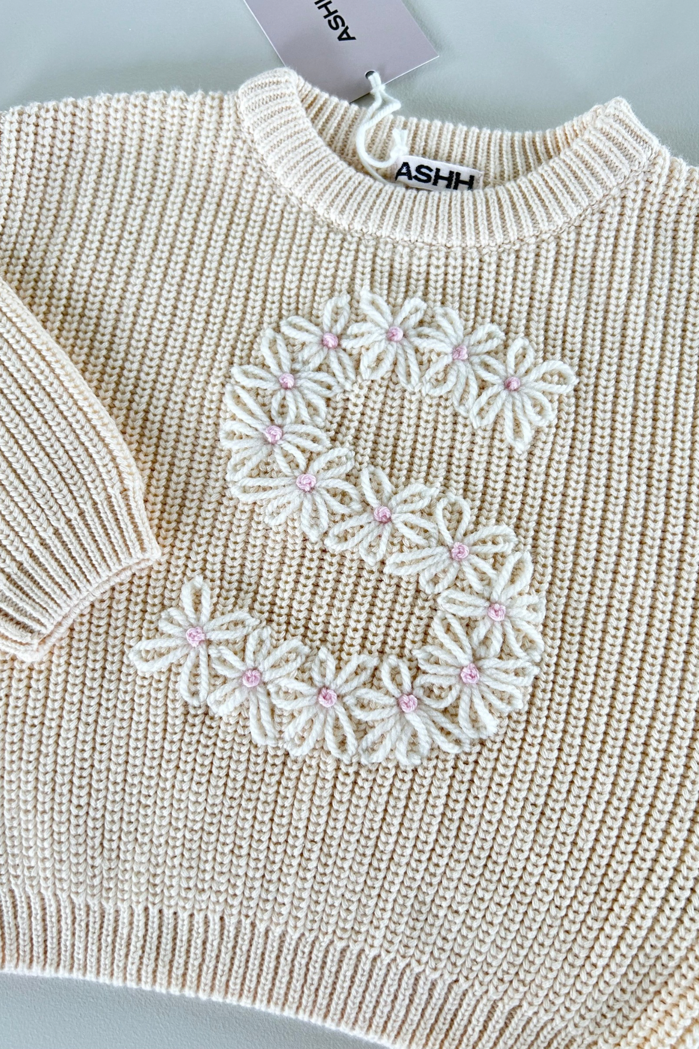 Hand Embroidered Initial Design Oversized Knit Sweater - Sand