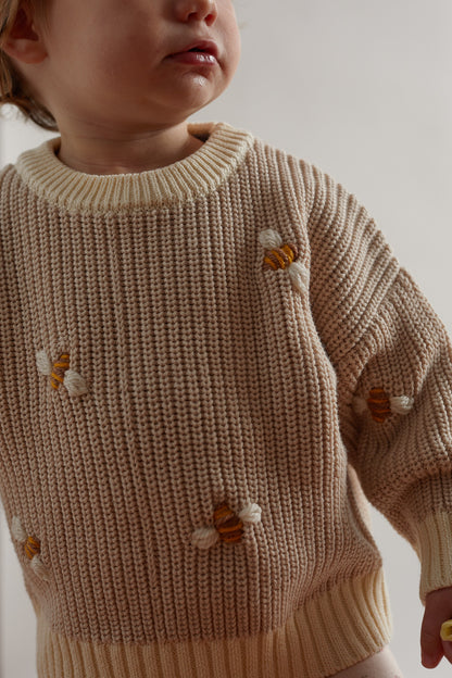 Hand Embroidered Busy Bee Chunky Knit Sweater - Stone
