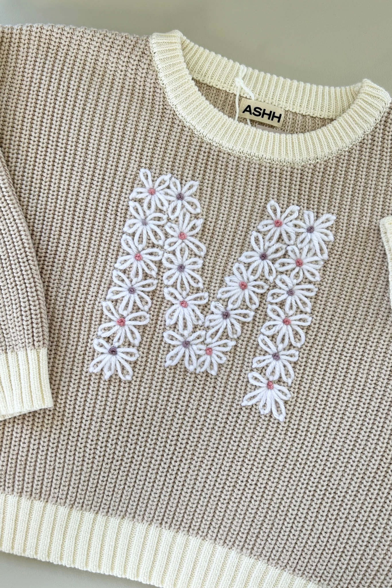 Hand Embroidered Initial Design Chunky Knit Sweater - Stone