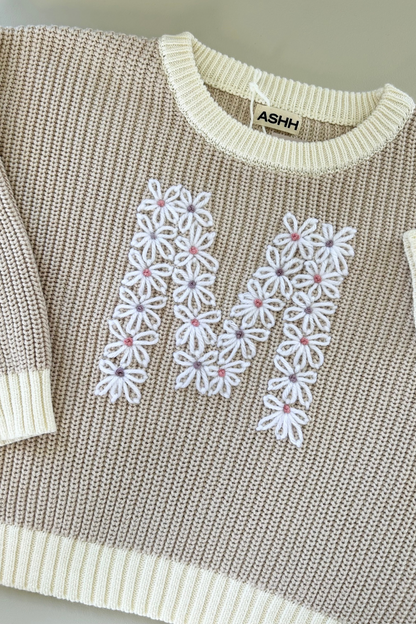 Hand Embroidered Initial Design Chunky Knit Sweater - Stone