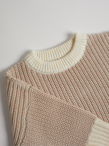 Hand Embroidered Initial Design Chunky Knit Sweater - Stone
