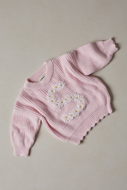 Hand Embroidered Initial Design Heritage Knit Sweater - Peony