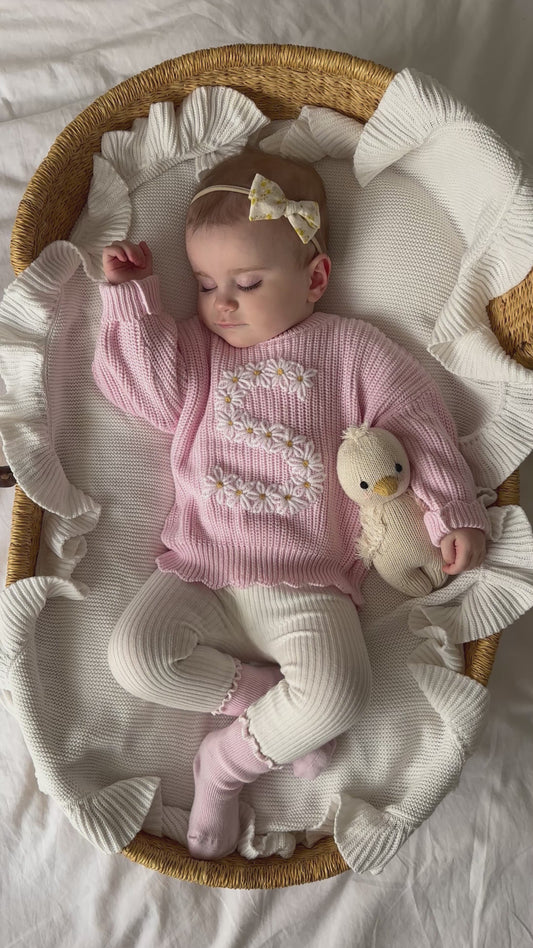 Hand Embroidered Initial Design Heritage Knit Sweater - Peony